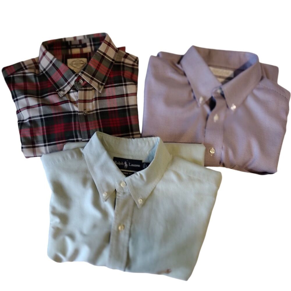 Lot 3 Men's Long Cuff Sleeve Cotton Button Up Dress Shirts L 16-17 34/35 Ralph L